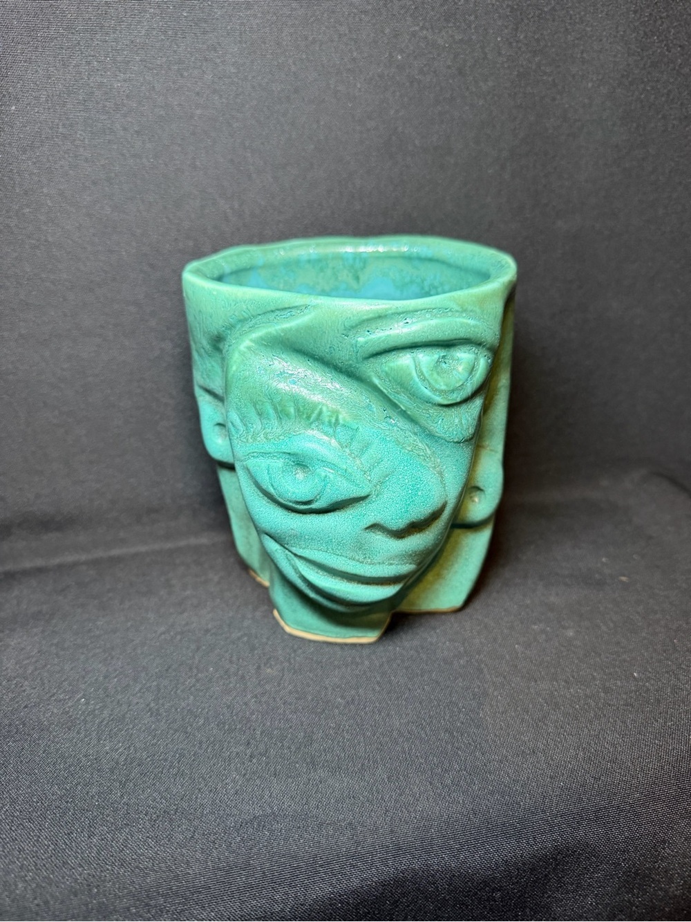 Keywest Pottery Handcrafted Ceramic Turquoise Glaze Abstract Face Pot Folk Art